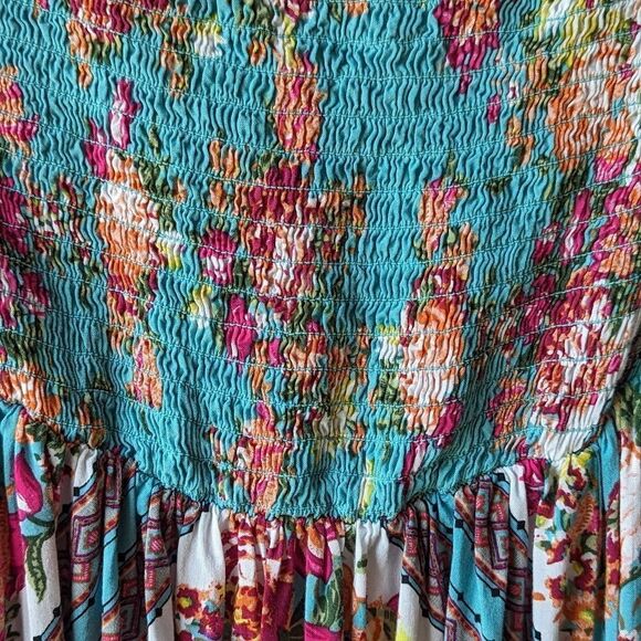 Torrid Off Shouler Women's Turquoise Scarf Print Challis Smocked Maxi Dress 0X - Picture 11 of 12